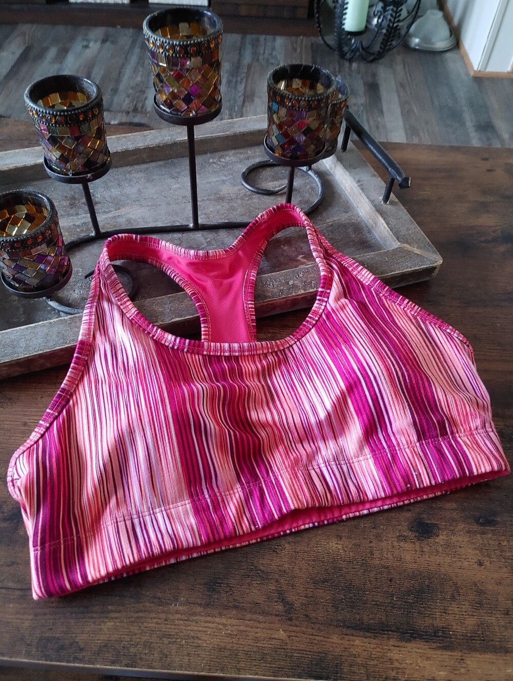 NWOT Large 36C/38B Balance Collection Pink/ Red Striped Sports Bra